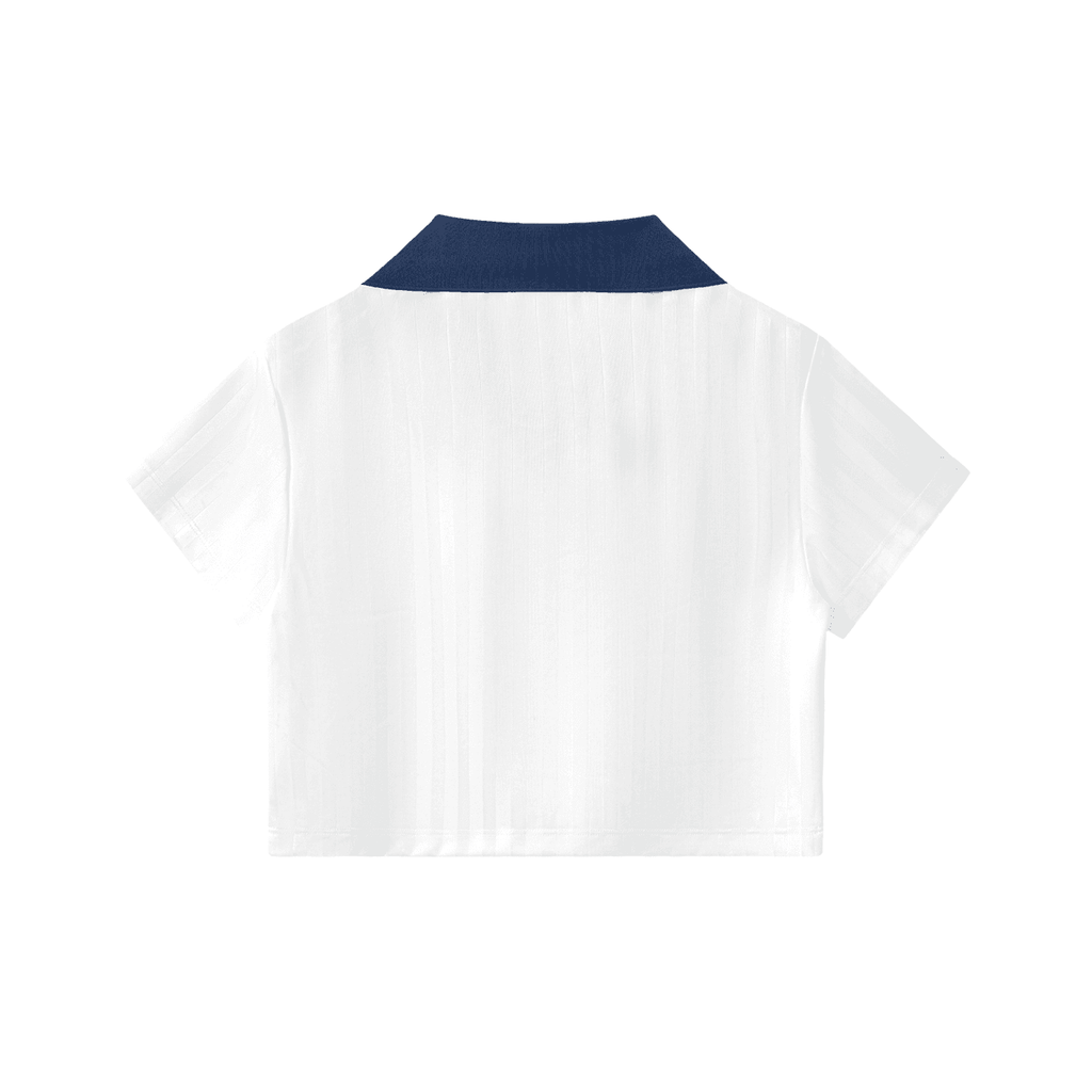 White contrast collar cropped jersey with navy blue collar and short sleeves from ODMPOD