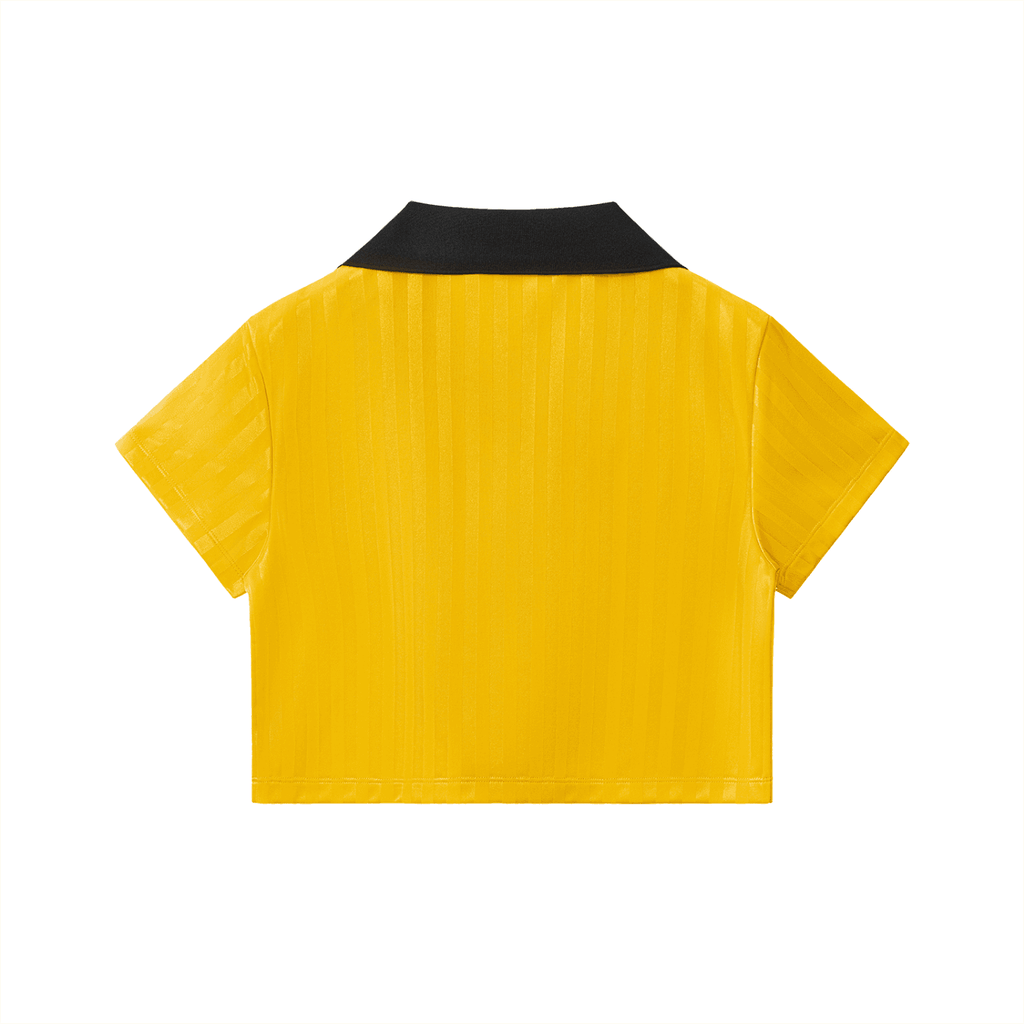 Yellow contrast collar cropped jersey with short sleeves and black collar by ODMPOD