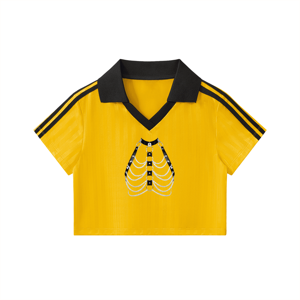 Yellow contrast collar cropped jersey with black rib cage graphic and black striped sleeves