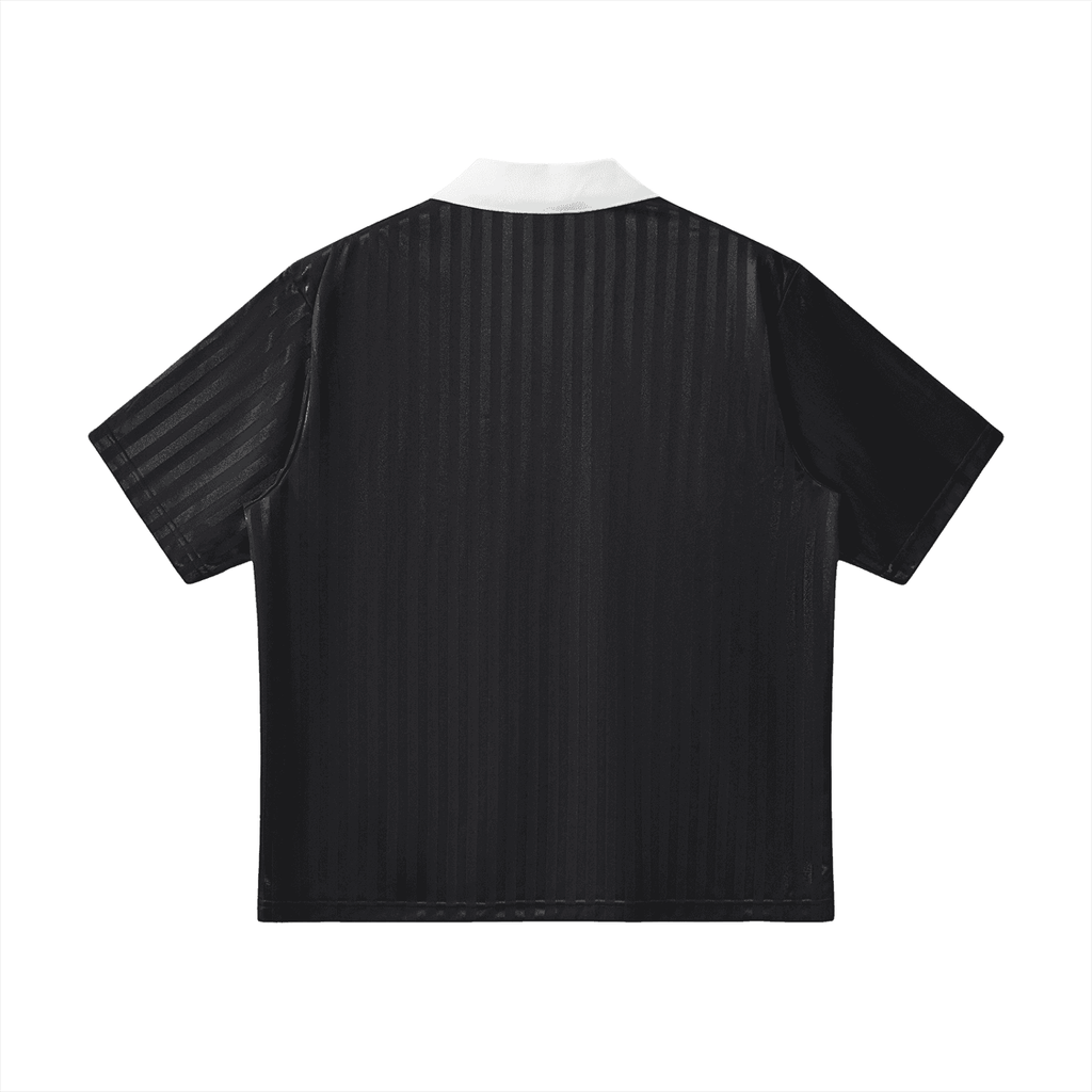FETISHISTO black contrast collar soccer jersey with short sleeves and subtle stripe pattern back view
