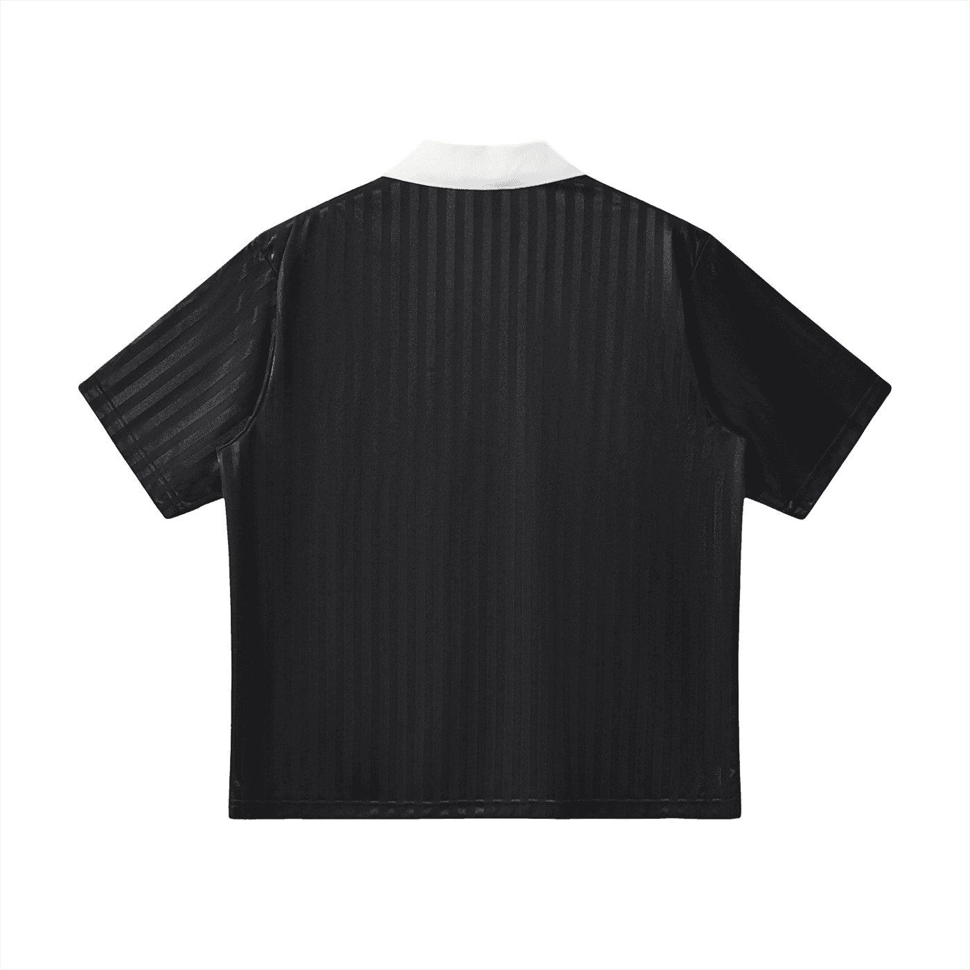 FETISHISTO black contrast collar soccer jersey with short sleeves and subtle stripe pattern back view
