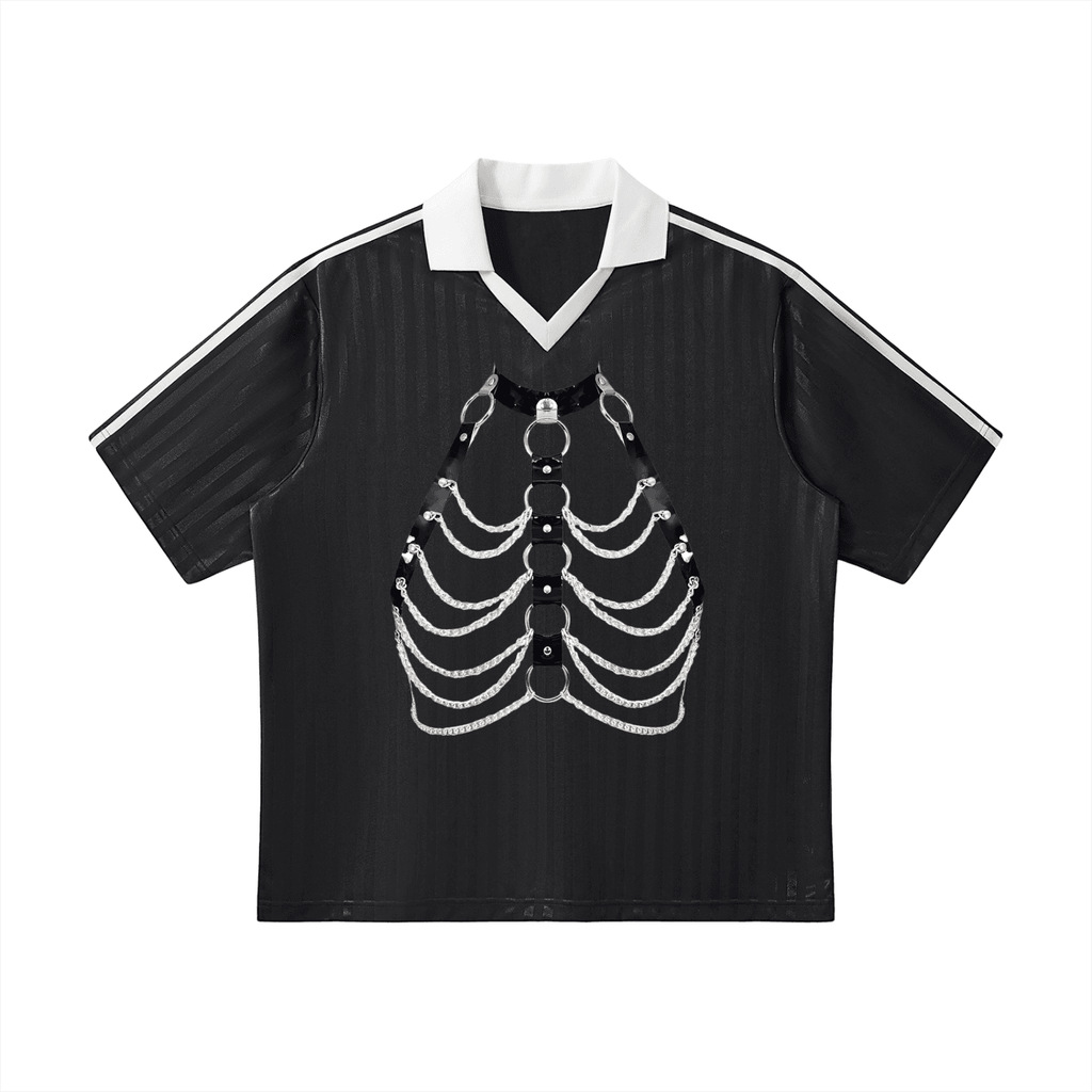 FETISHISTO black contrast collar soccer jersey with white skeletal design and striped sleeve details