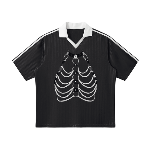 FETISHISTO black contrast collar soccer jersey with white skeletal design and striped sleeve details