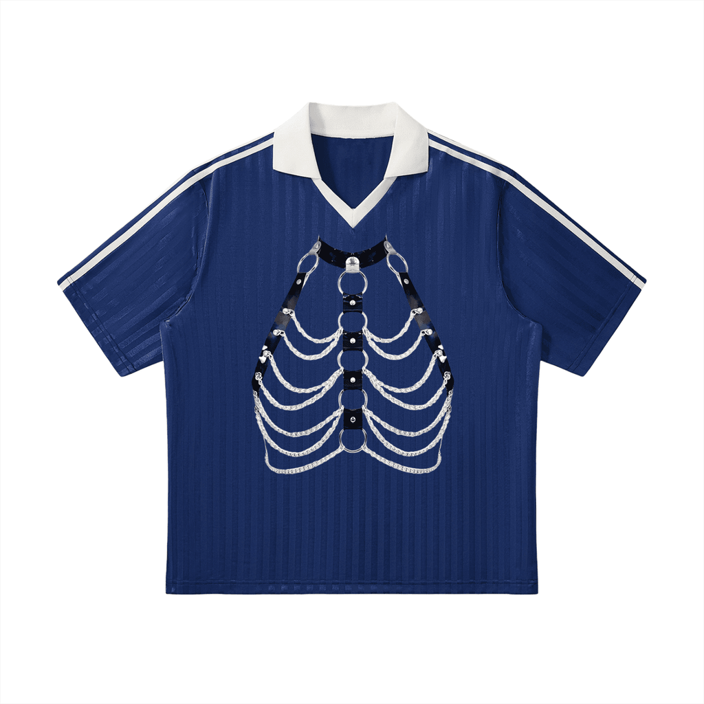FETISHISTO blue contrast collar soccer jersey with white stripes and decorative harness design