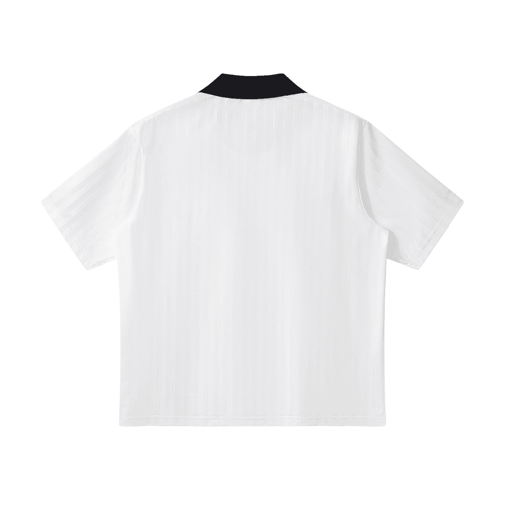 FETISHISTO white contrast collar soccer jersey with short sleeves and black collar shown from the back