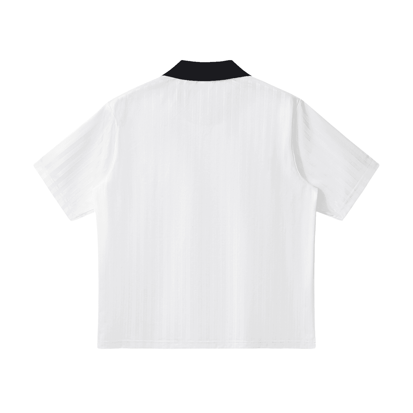 FETISHISTO white contrast collar soccer jersey with short sleeves and black collar shown from the back