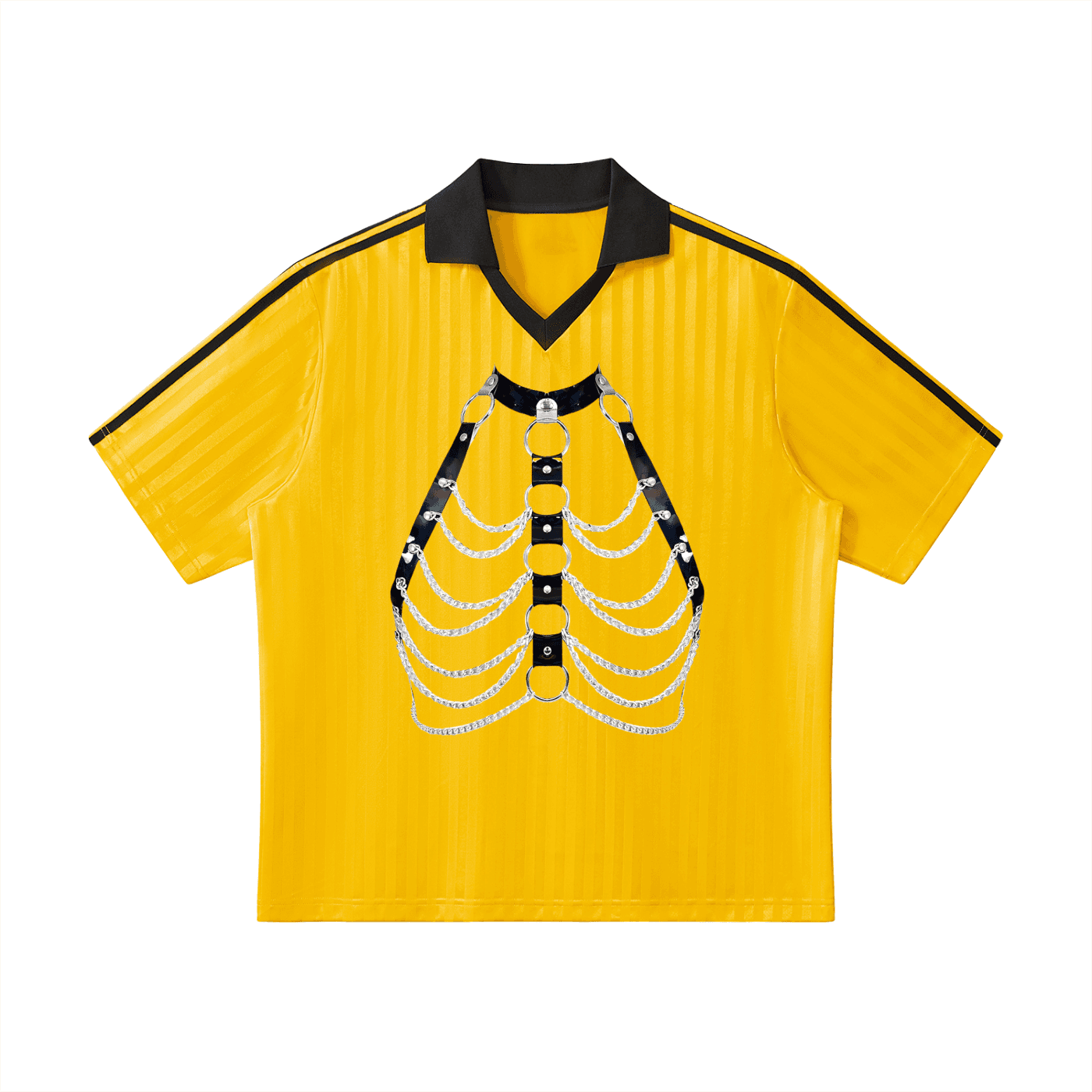 FETISHISTO yellow contrast collar soccer jersey with black stripes and chain graphic design