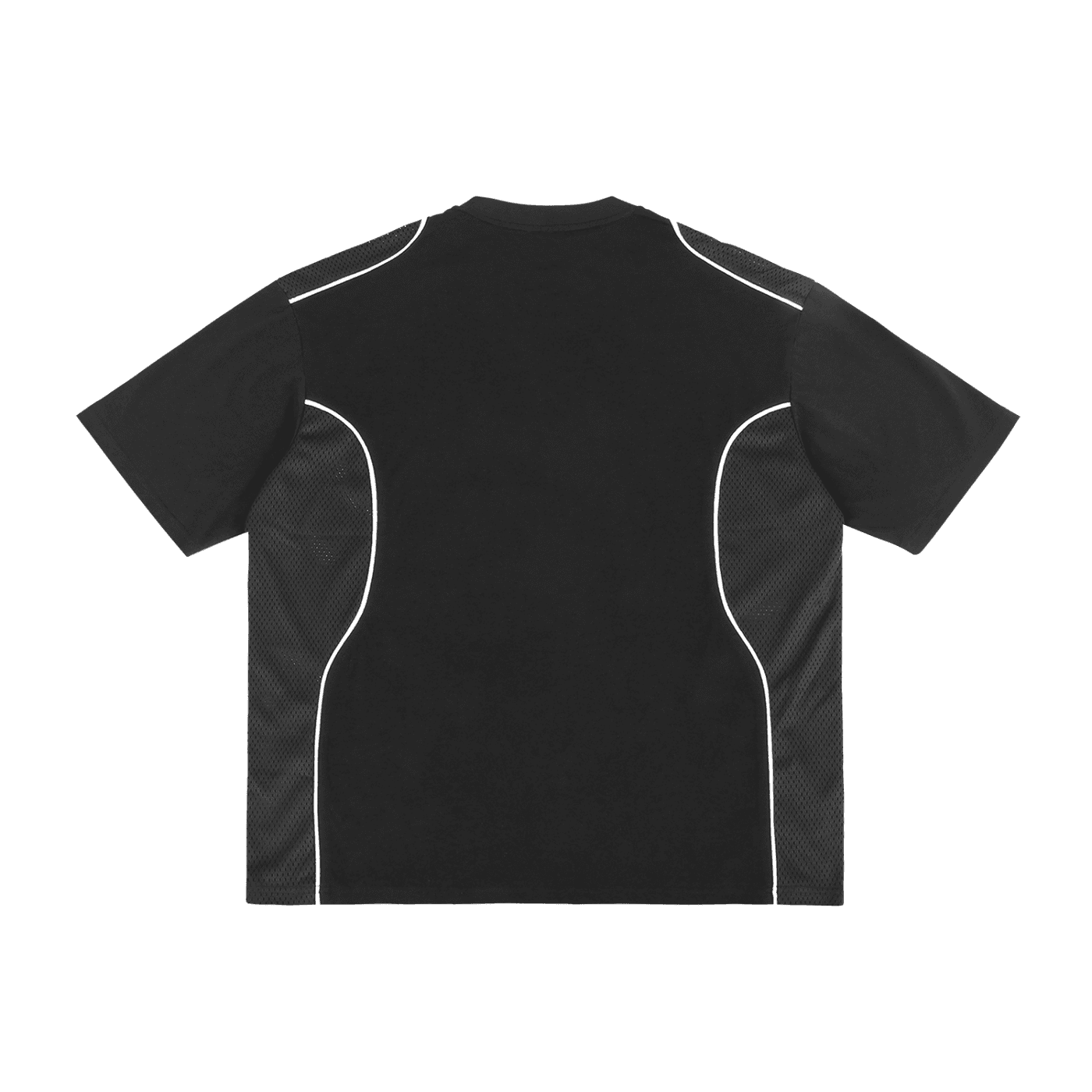 Black contrast piped fetish t-shirt with white piping details on back and mesh side panels by FETISHISTO