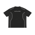 Black contrast piped fetish t-shirt by FETISHISTO featuring white piping and bold front text