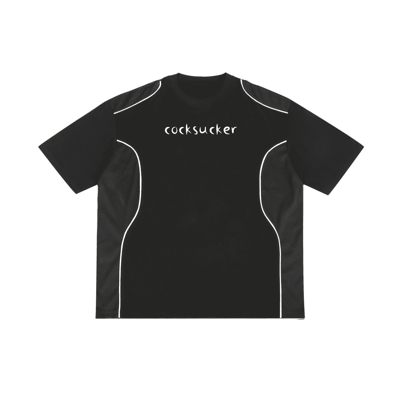 Black contrast piped fetish t-shirt by FETISHISTO featuring white piping and bold front text