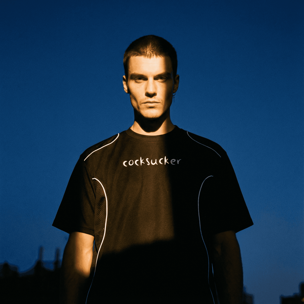 FETISHISTO black contrast piped fetish t-shirt with white piping worn by male model