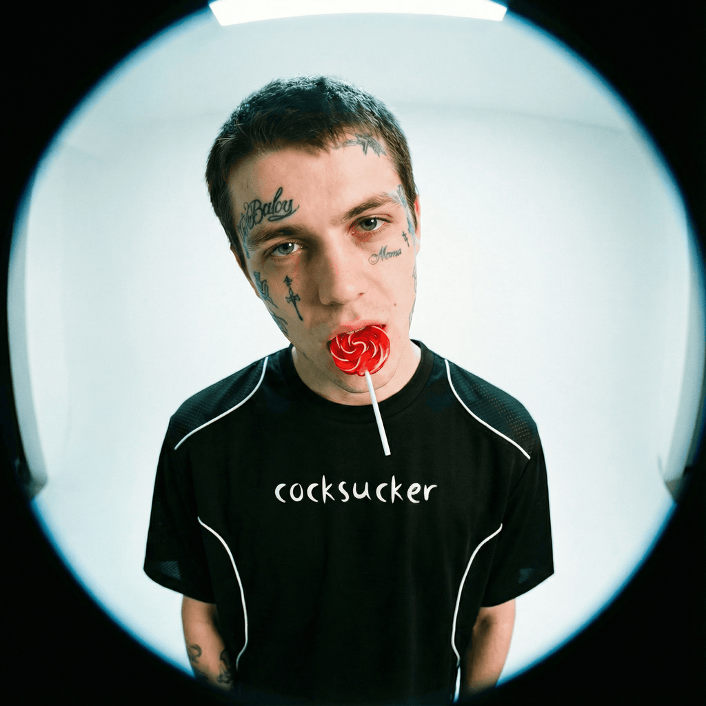 FETISHISTO contrast piped fetish t-shirt in black with white piping and bold text worn by tattooed model