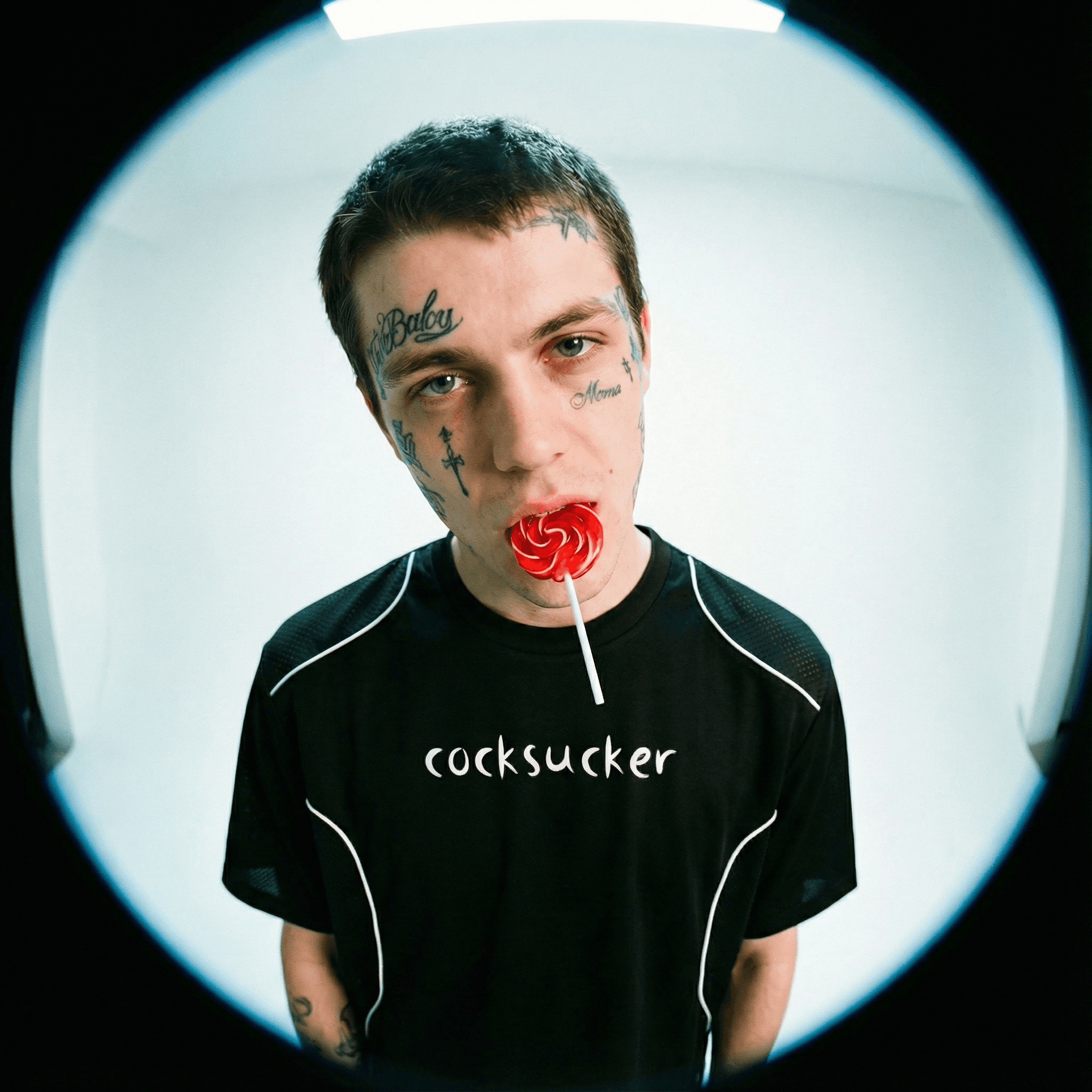 FETISHISTO contrast piped fetish t-shirt in black with white piping and bold text worn by tattooed model