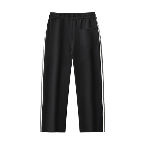Black contrast side-stripe straight-leg pants with elastic waistband and back pocket by FETISHISTO