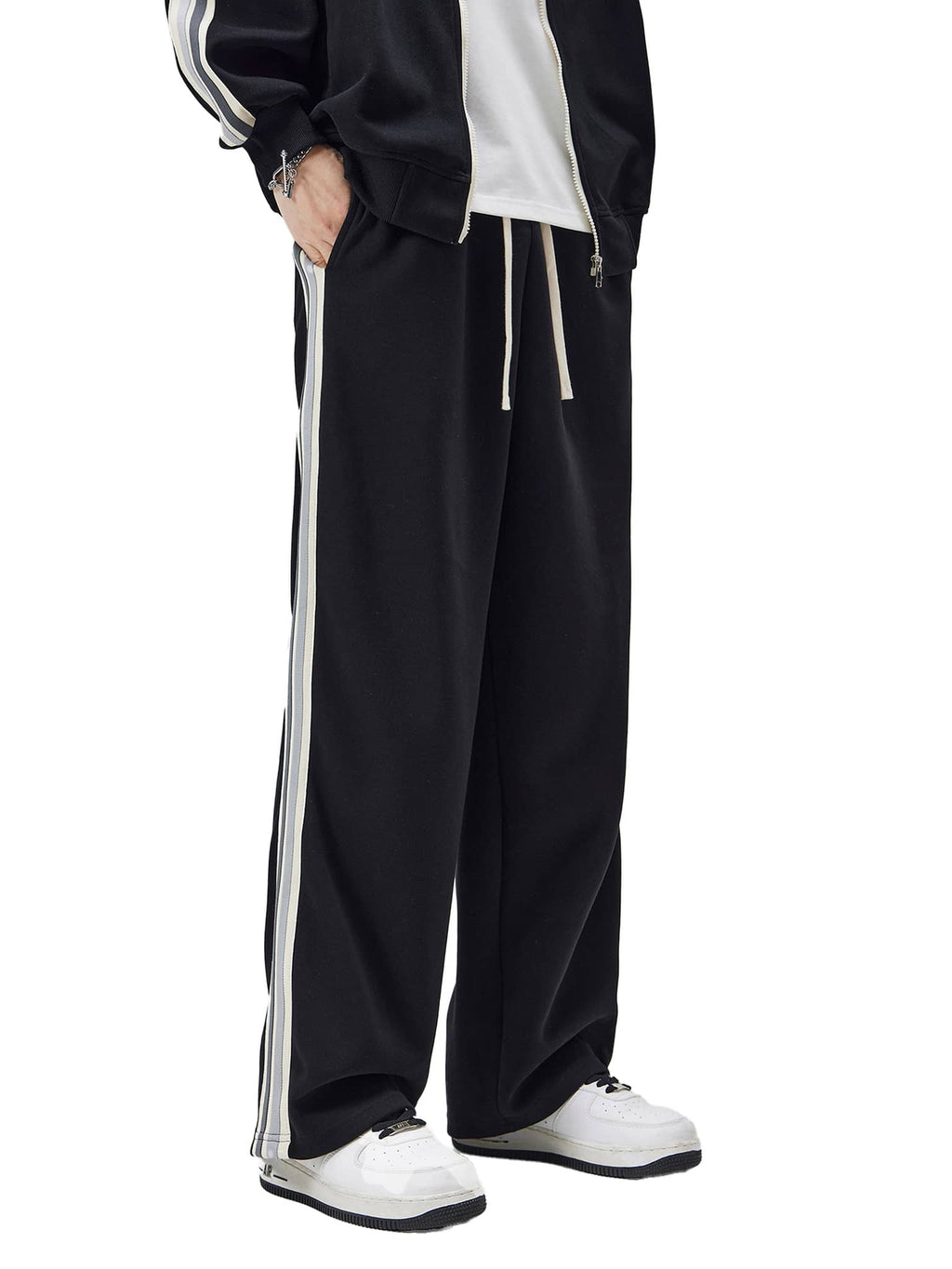 FETISHISTO black contrast side-stripe straight-leg pants with white stripes and drawstring waist