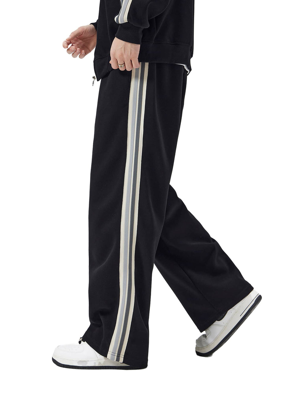 FETISHISTO black contrast side-stripe straight-leg pants with white and gray stripes
