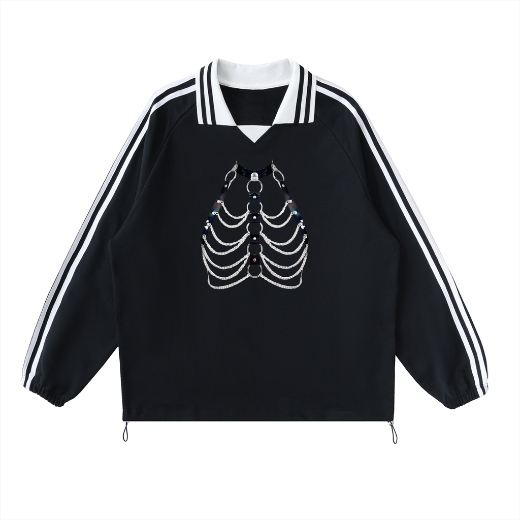 FETISHISTO black contrast striped collar sweatshirt with white stripes on sleeves and skeleton chain design