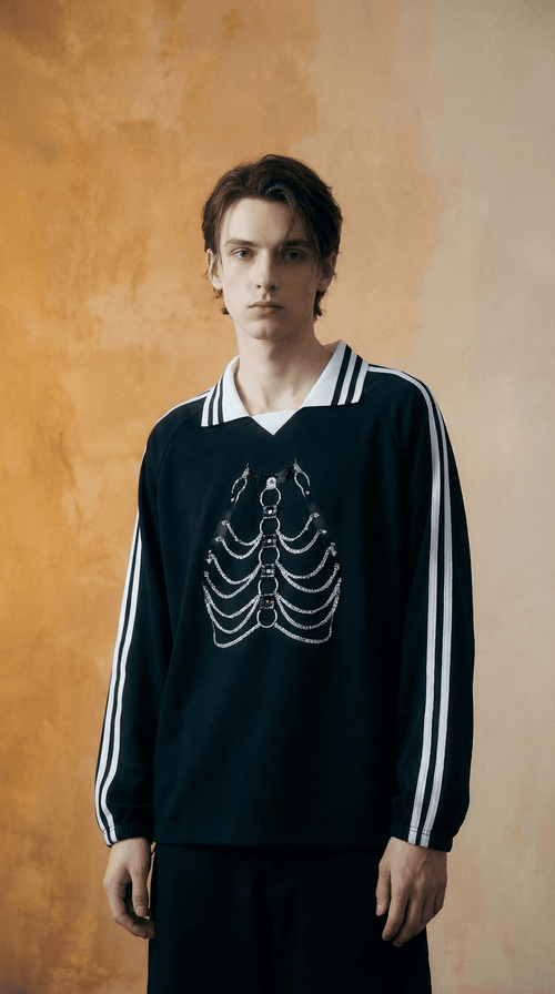 FETISHISTO contrast striped collar sweatshirt in black with white stripes and skeletal ribcage design