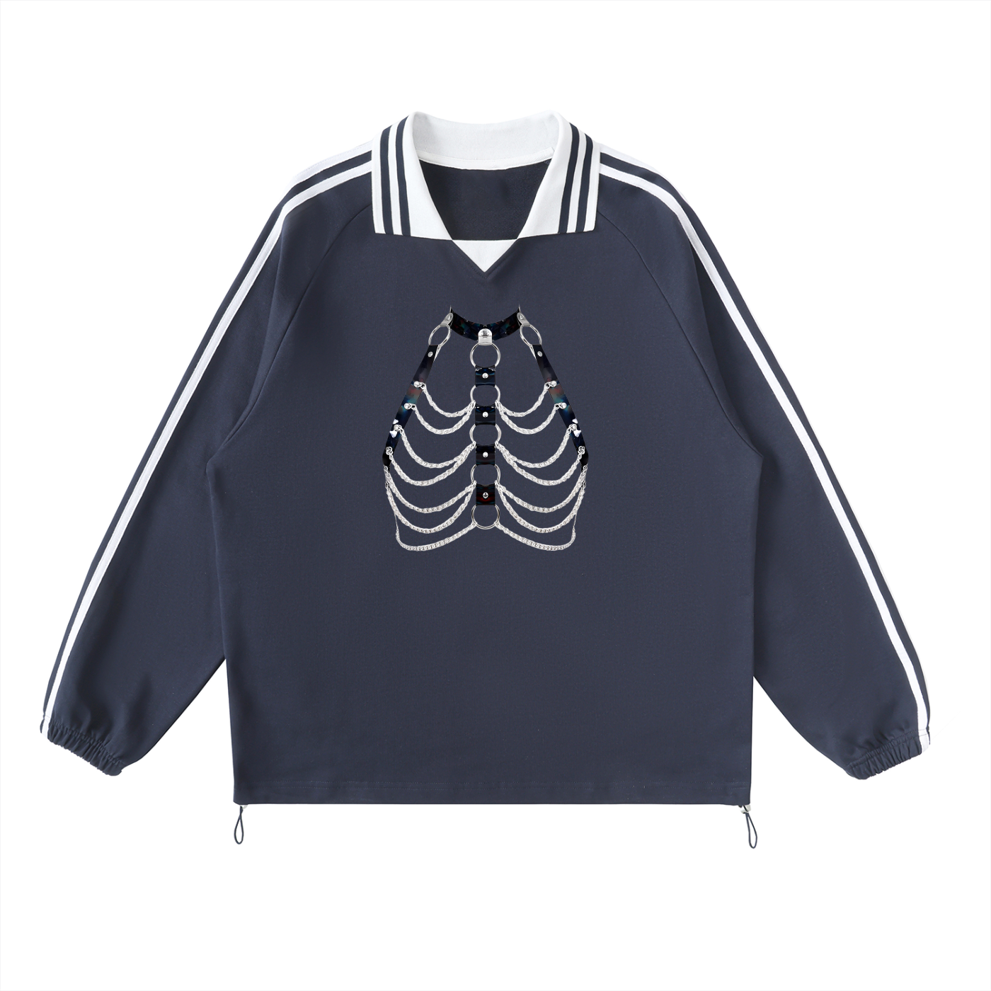 FETISHISTO contrast striped collar sweatshirt in navy with skeleton design and white stripes on sleeves