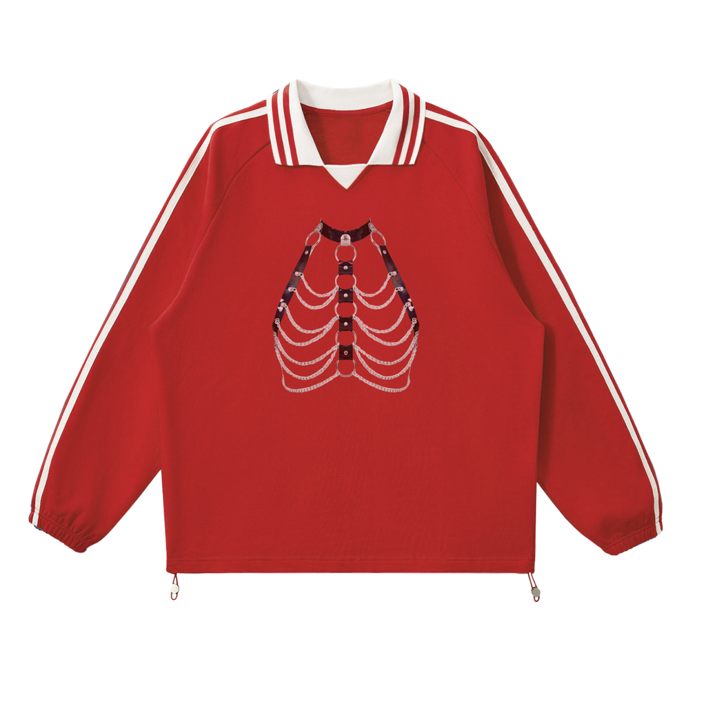 Red contrast striped collar sweatshirt with long sleeves and ribcage graphic on the front
