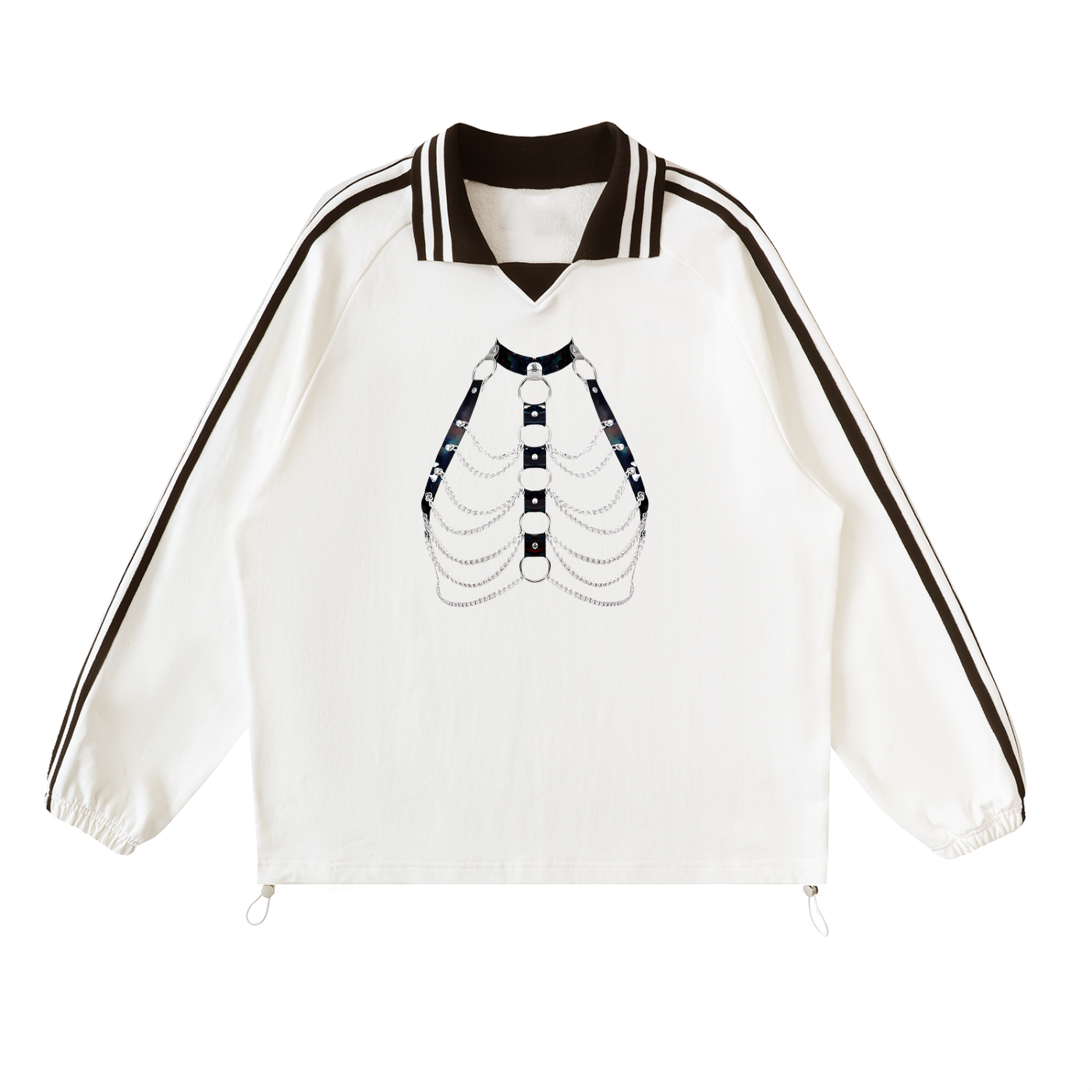 FETISHISTO contrast striped collar sweatshirt in white with black harness graphic and long sleeves