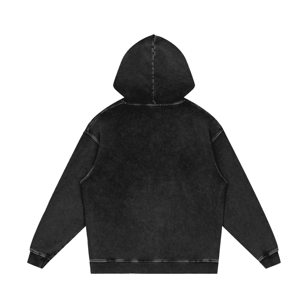 FETISHISTO black snow washed cotton hoodie shown from the back with a hood and long sleeves