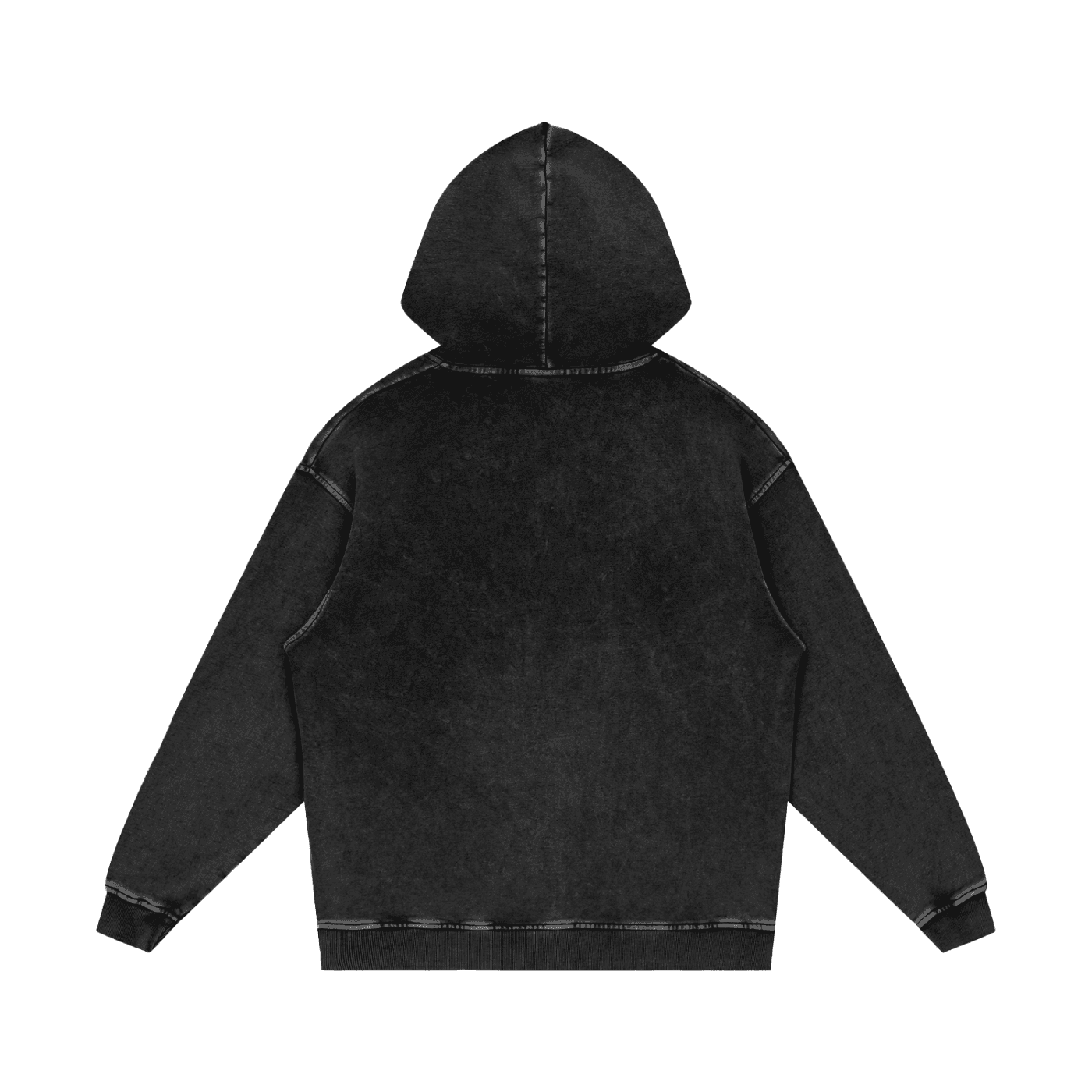 FETISHISTO black snow washed cotton hoodie shown from the back with a hood and long sleeves