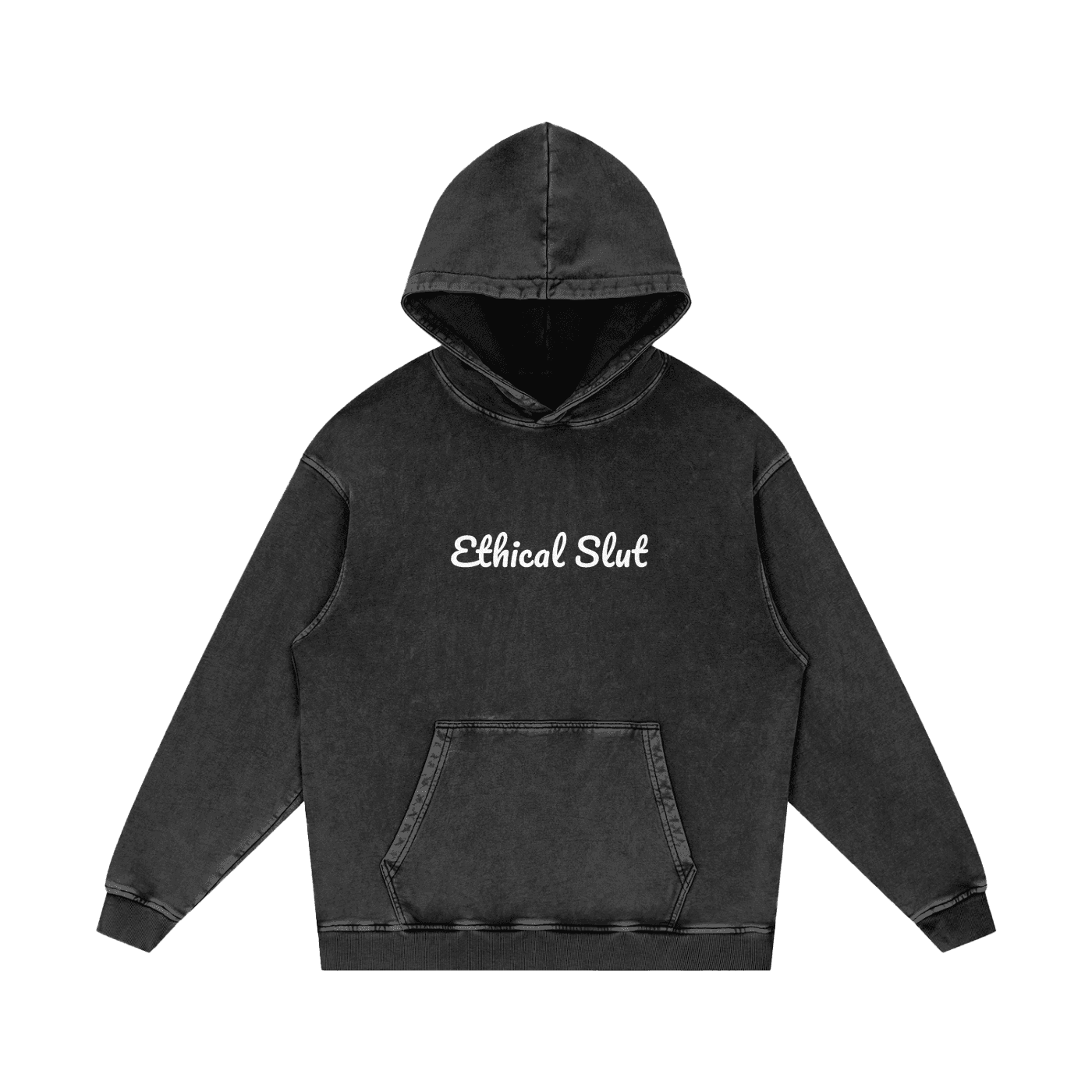 FETISHISTO black snow washed cotton hoodie with Ethical Slut text on the front and kangaroo pocket