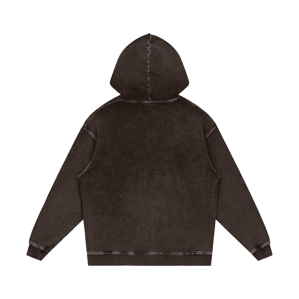 Back view of black snow washed cotton hoodie by FETISHISTO with a relaxed fit and hood