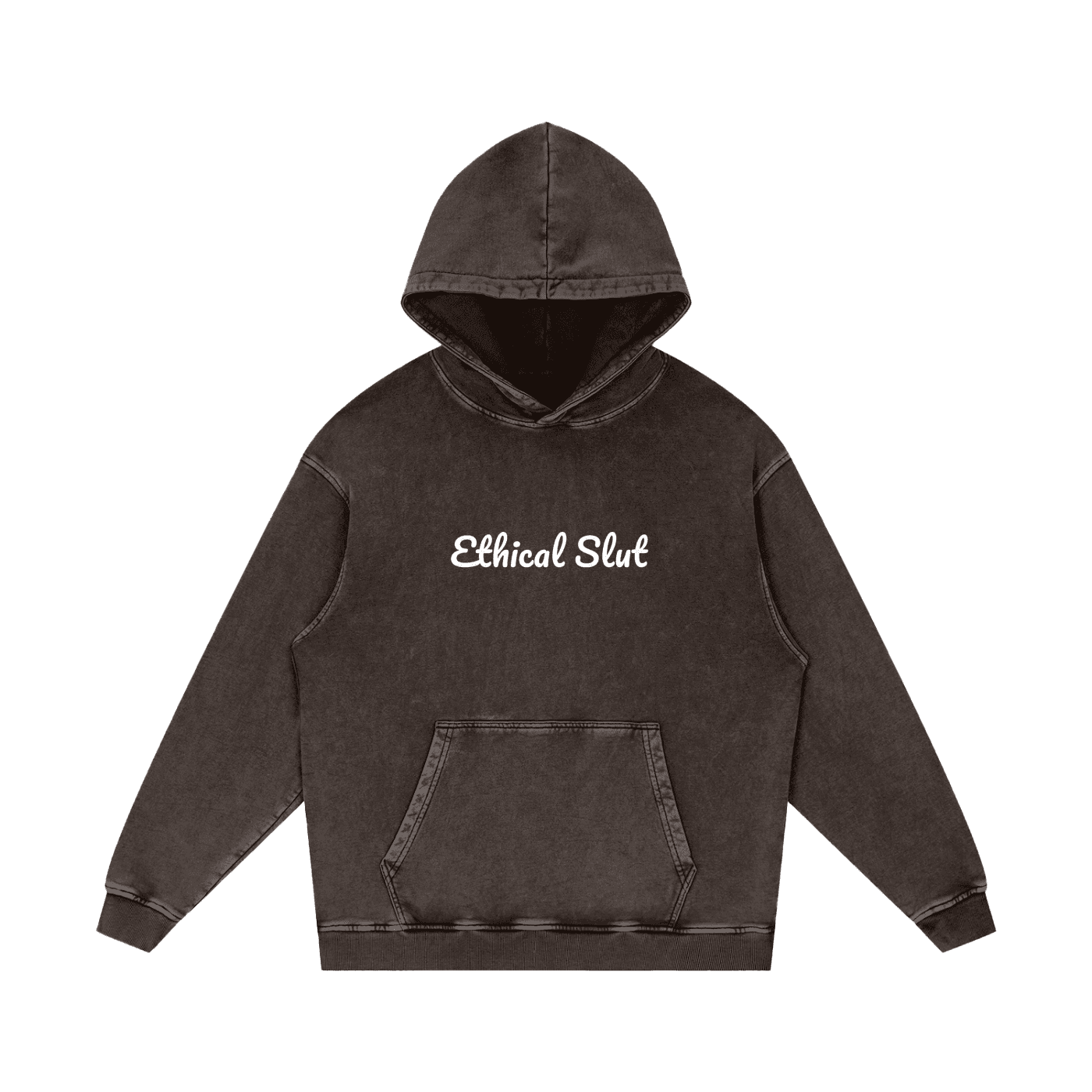 FETISHISTO snow washed cotton hoodie in dark color with ethical slut text on front
