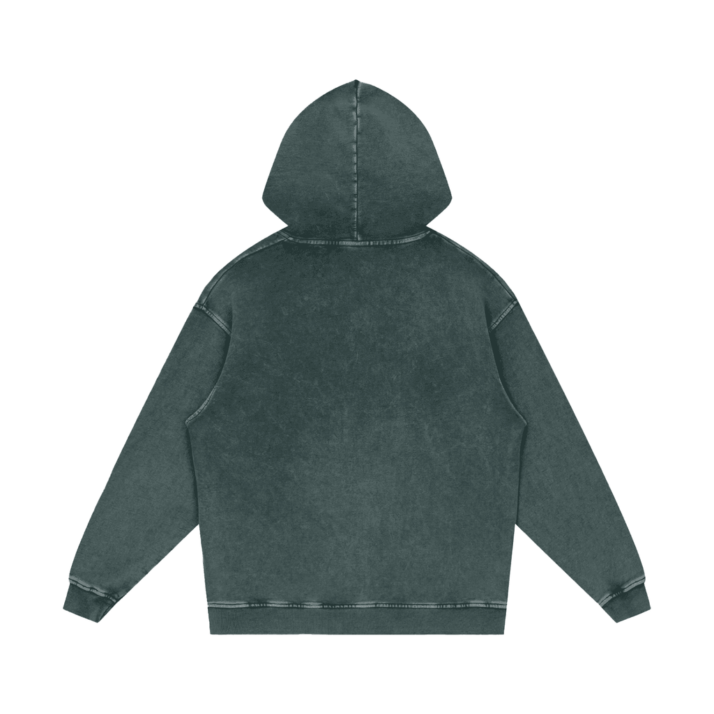 FETISHISTO snow washed cotton hoodie in dark gray shown from the back with hood and long sleeves