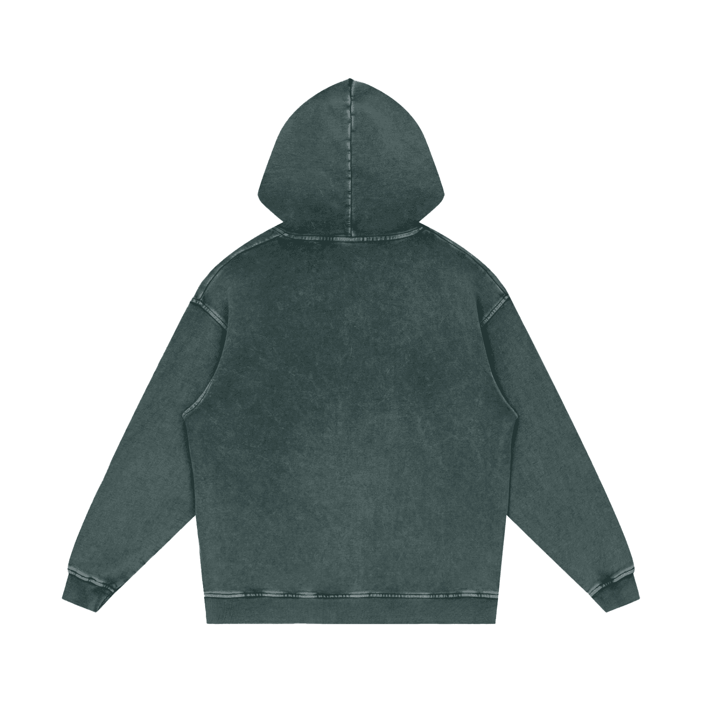 FETISHISTO snow washed cotton hoodie in dark gray shown from the back with hood and long sleeves