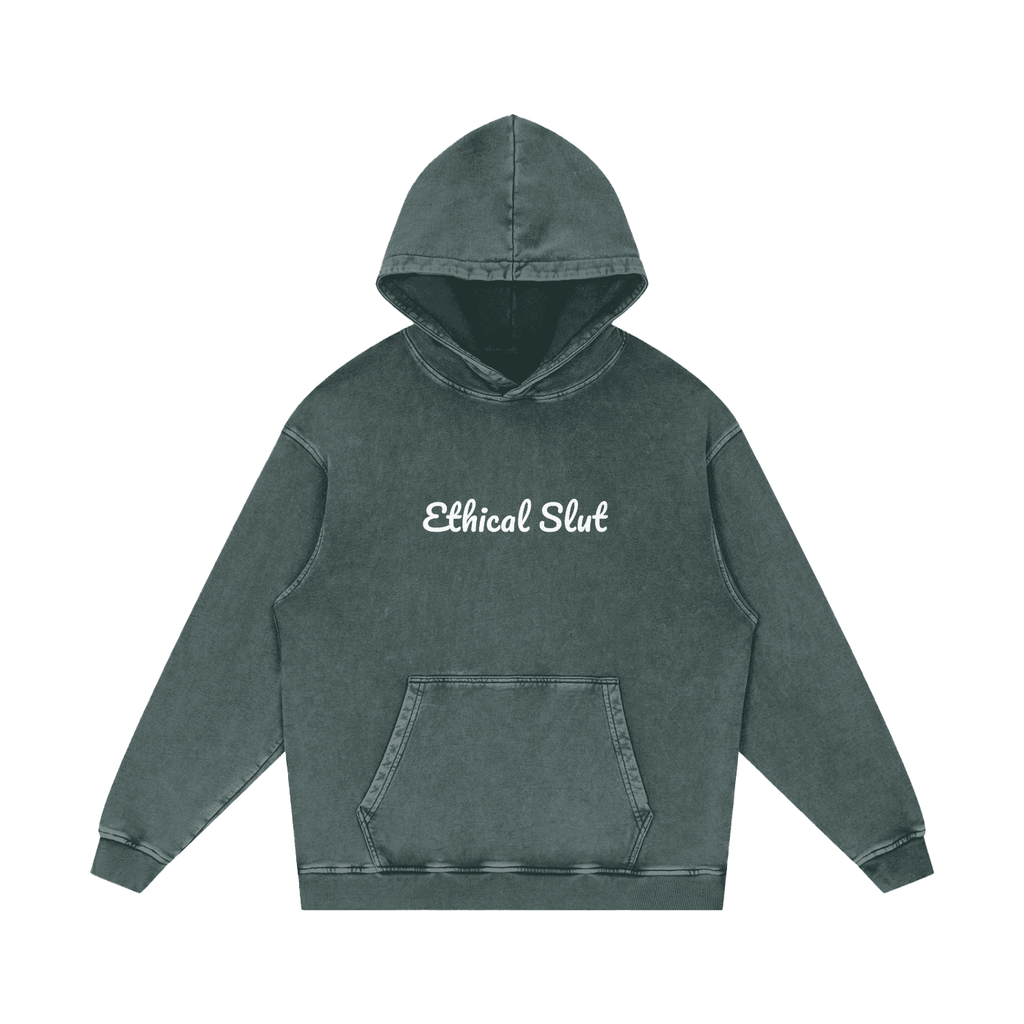 FETISHISTO snow washed cotton hoodie in dark gray with Ethical Slut text and front pocket