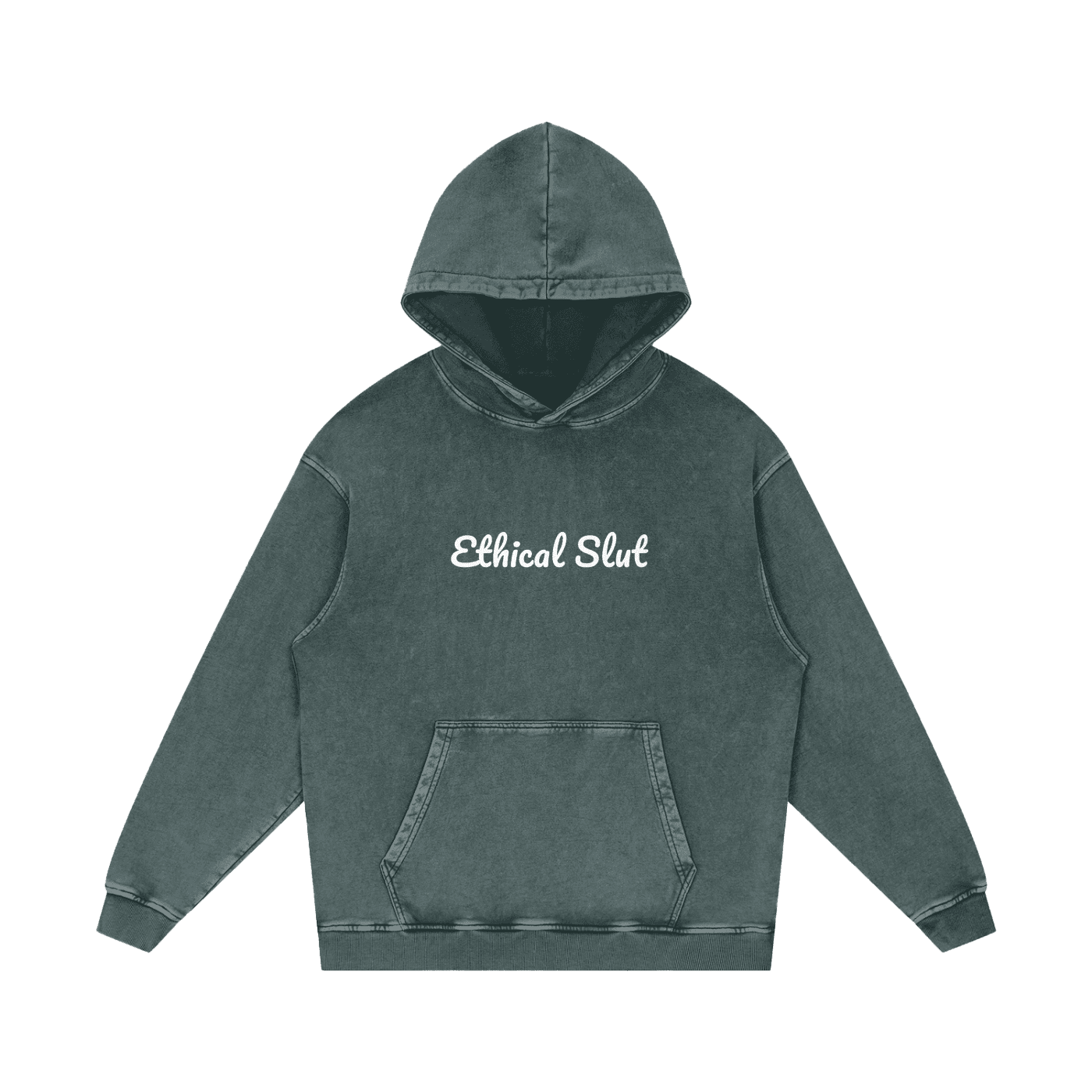 FETISHISTO snow washed cotton hoodie in dark gray with Ethical Slut text and front pocket