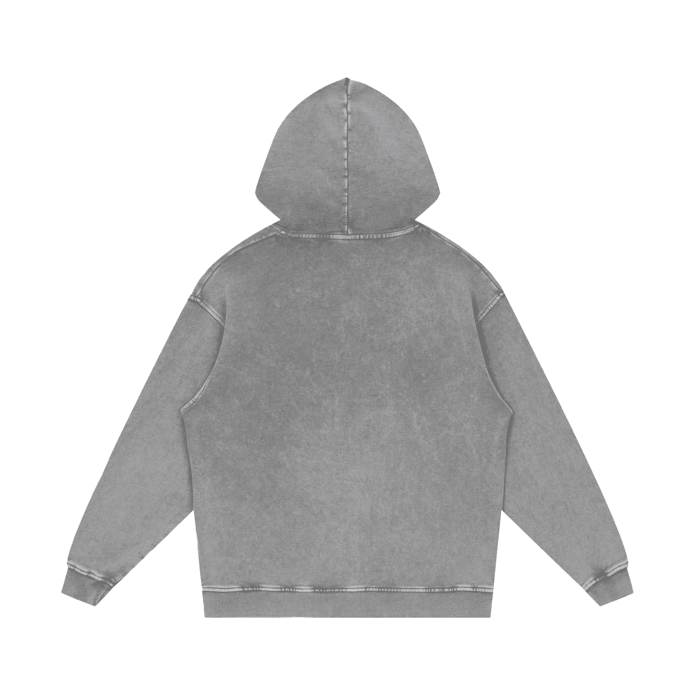 FETISHISTO snow washed cotton hoodie in gray shown from the back with long sleeves and hood