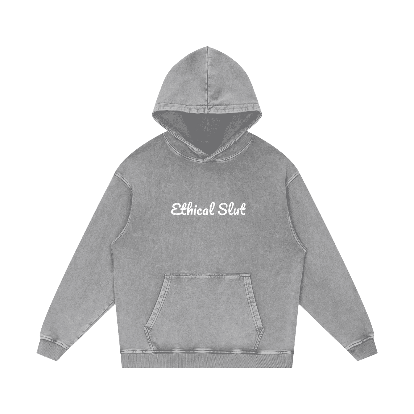 Gray snow washed cotton hoodie by FETISHISTO with Ethical Slut text on front and front pouch pocket