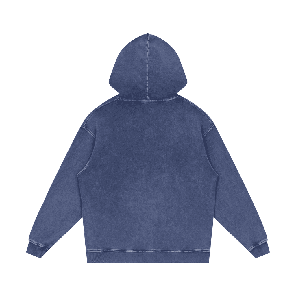 Back view of FETISHISTO snow washed cotton hoodie in faded blue with a hood and long sleeves
