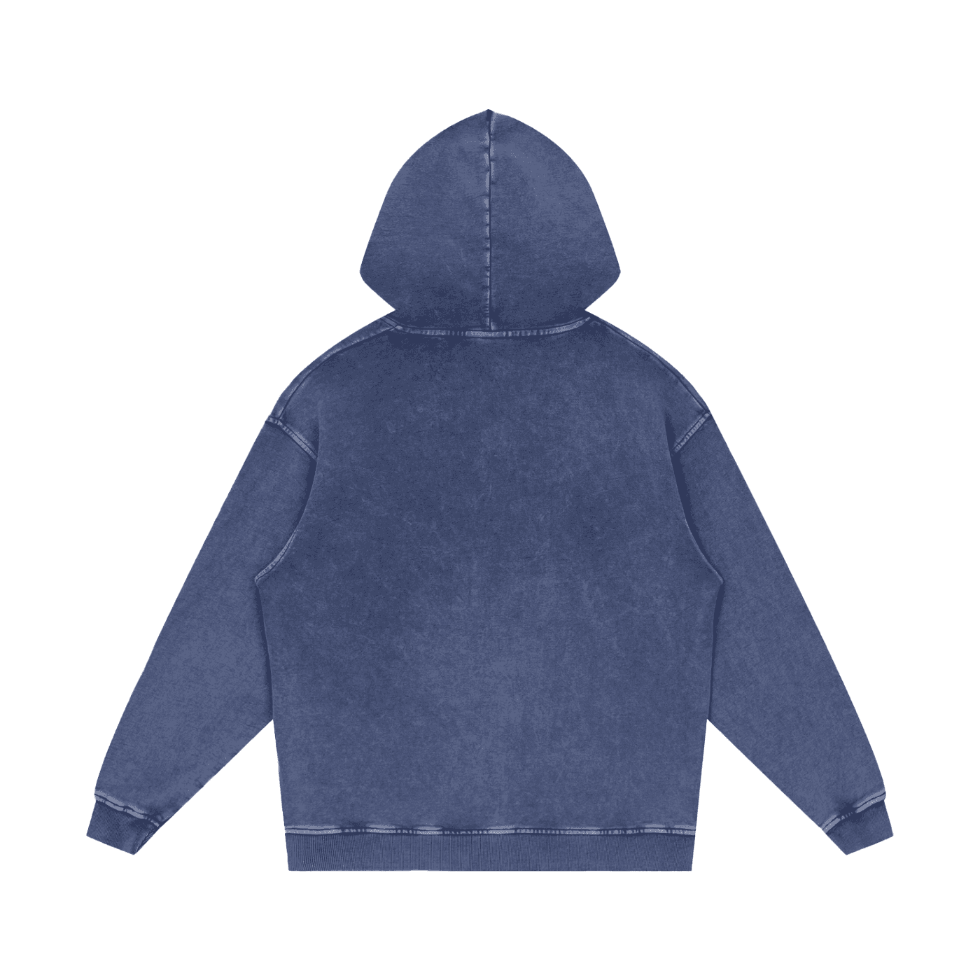Back view of FETISHISTO snow washed cotton hoodie in faded blue with a hood and long sleeves