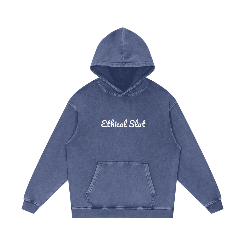 FETISHISTO snow washed cotton hoodie in blue with Ethical Slut text and front pocket