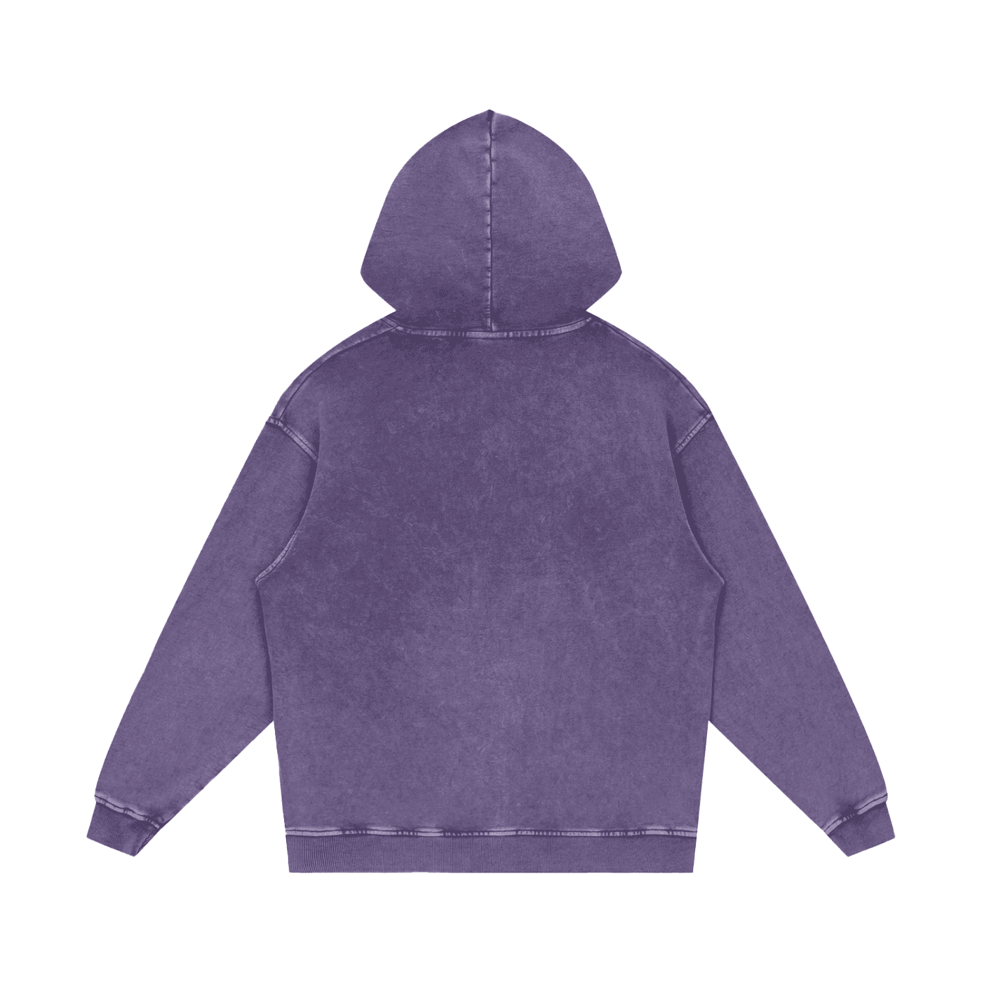 FETISHISTO purple snow washed cotton hoodie shown from the back with long sleeves and hood
