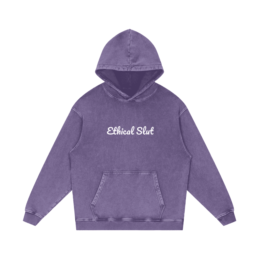 Purple snow washed cotton hoodie with Ethical Slut text and front pocket by FETISHISTO