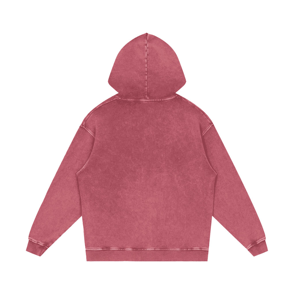 Back view of FETISHISTO snow washed cotton hoodie in faded red with hood and long sleeves