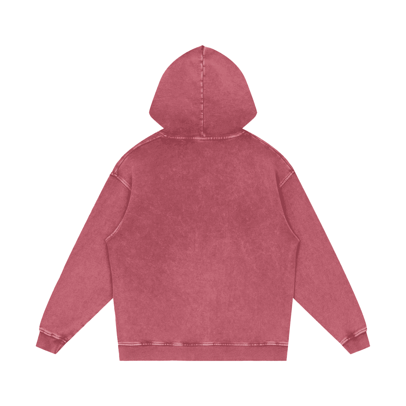 Back view of FETISHISTO snow washed cotton hoodie in faded red with hood and long sleeves