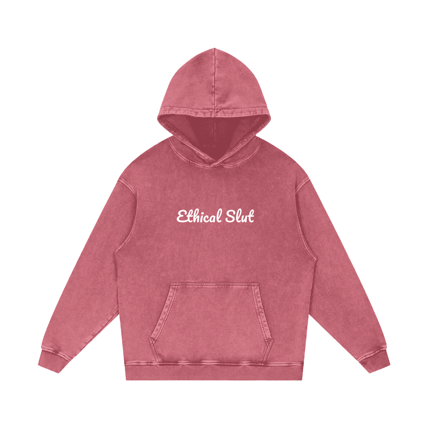 FETISHISTO snow washed cotton hoodie in faded red with Ethical Slut text on front and kangaroo pocket