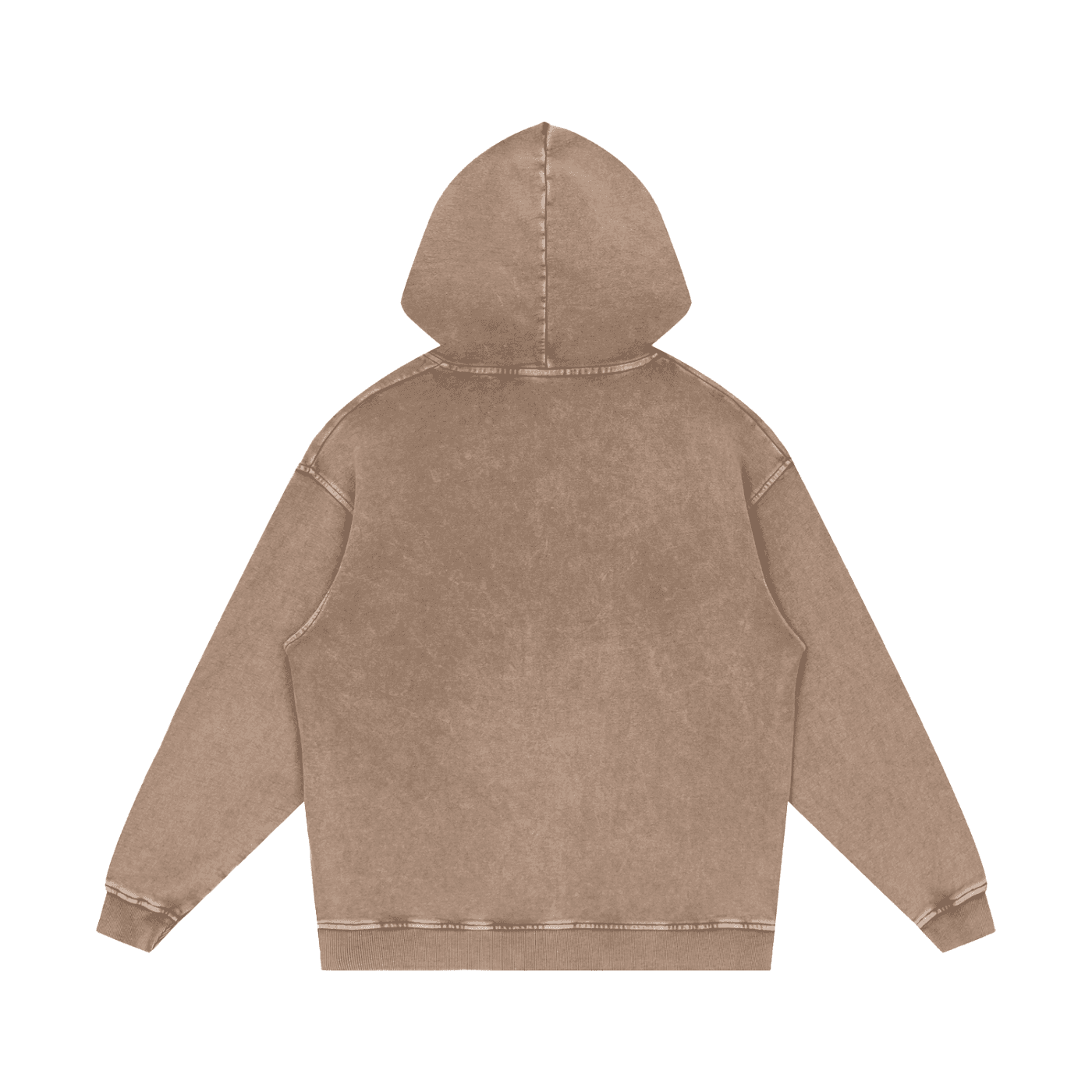 FETISHISTO snow washed cotton hoodie in brown showing back view with hood and long sleeves