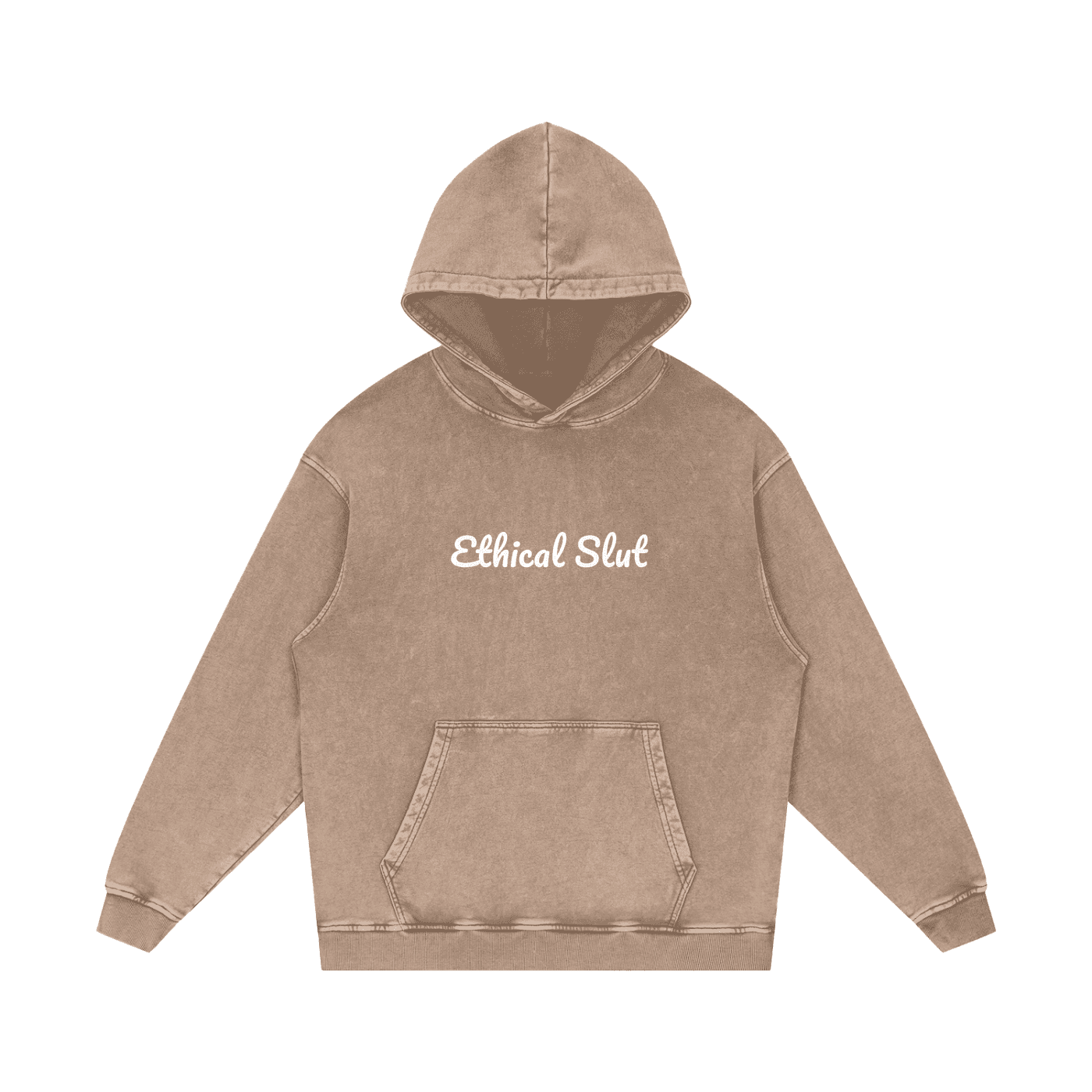 FETISHISTO snow washed cotton hoodie in brown with Ethical Slut text on front