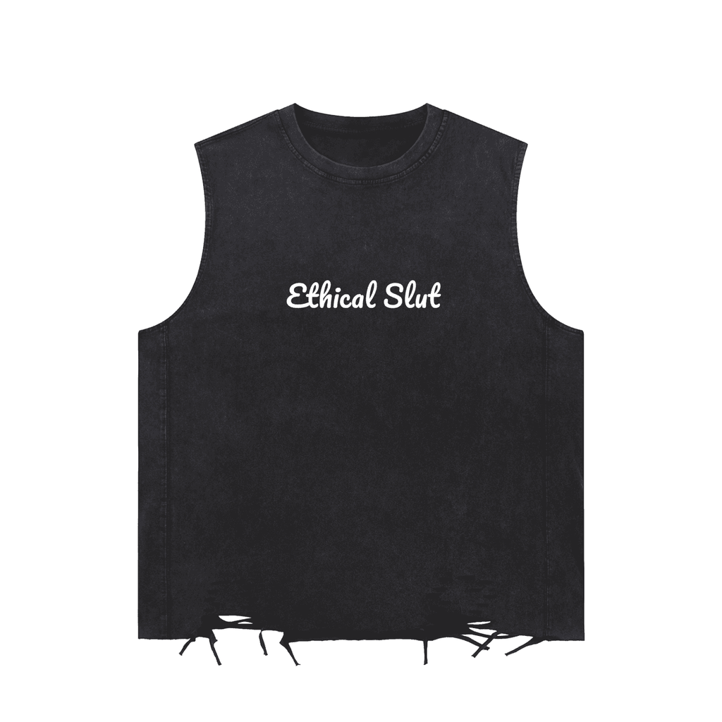 Black snow washed raw-hem tank top by FETISHISTO with Ethical Slut text and distressed hem