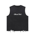Black snow washed raw-hem tank top by FETISHISTO with Ethical Slut text and distressed hem
