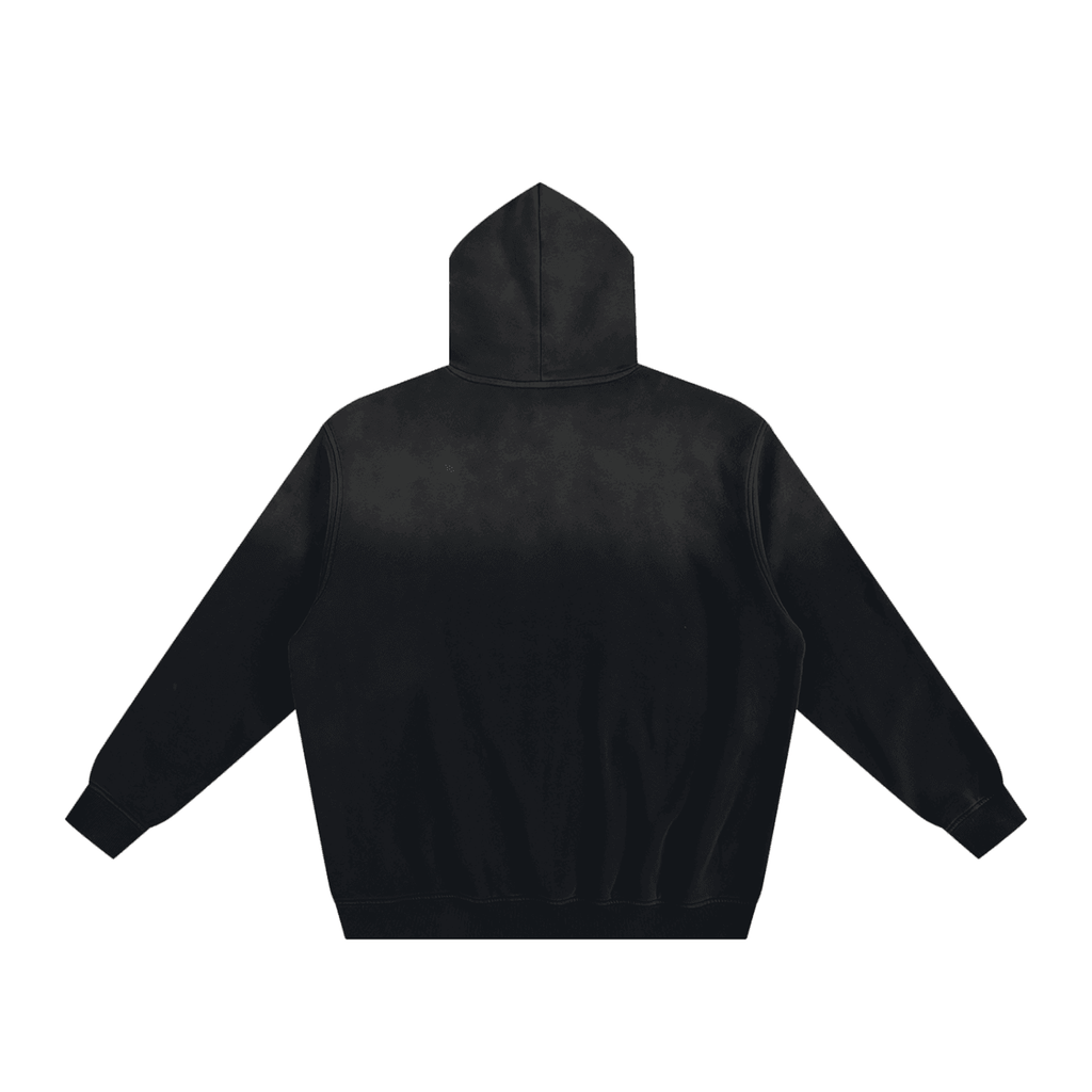 Black fetish fashion hoodie from FETISHISTO shown from the back with long sleeves and hood