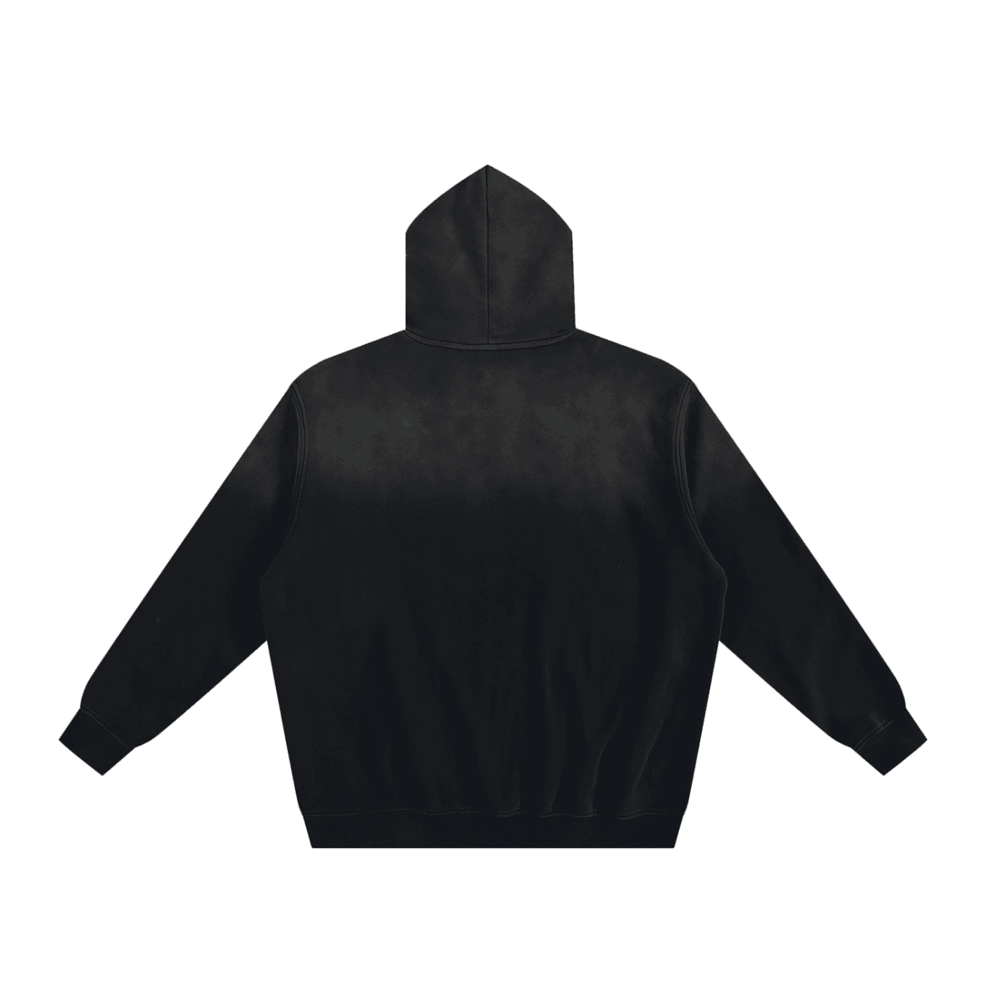 Black fetish fashion hoodie from FETISHISTO shown from the back with long sleeves and hood